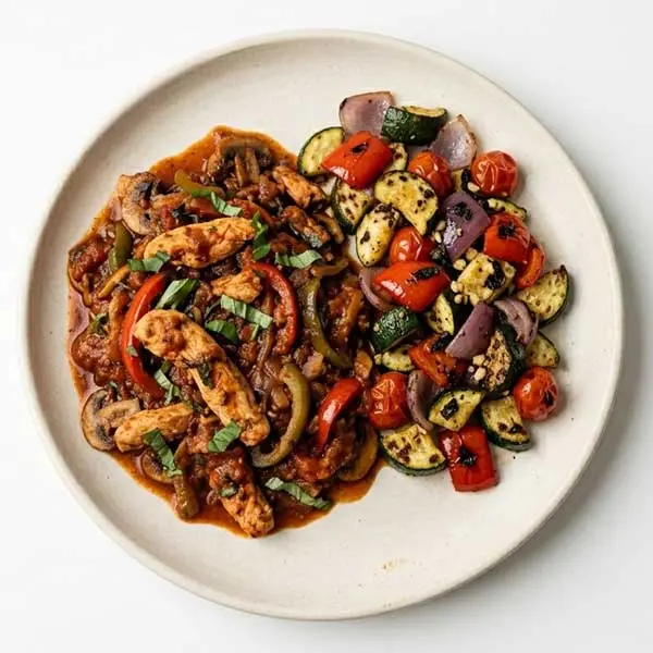 Pollo alla Cacciatore with Griddle Roasted Basil Garlic Vegetables